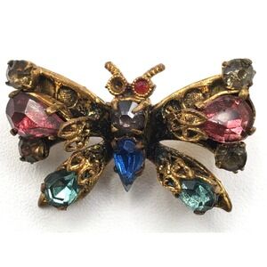 Vintage Czech Filigree Gold Tone Butterfly Pink & Blue Rhinestones Brooch READ
